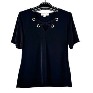 Michael Kors Black Grommet Short Sleeve Lace Up Top Medium